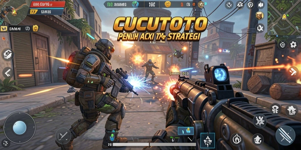 Cuplikan gameplay mendebarkan dalam CUCUTOTO yang menunjukkan aksi menembak.