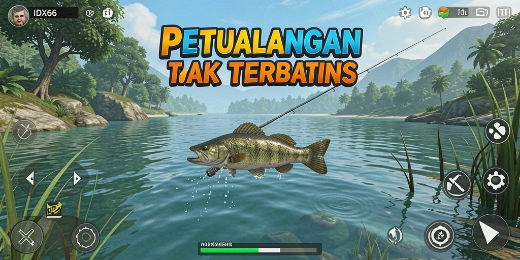 Tampilan gameplay IDX66 yang menampilkan pemandangan memancing yang menakjubkan.